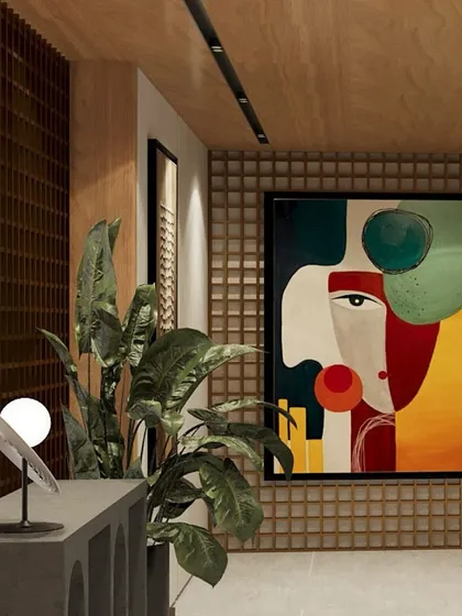 A vibrant, color-blocked modern art piece, set within a space of rich wood textures, transforms this residence into a gallery of tasteful explorations. This bold statement piece adds depth and dynamism to the living environment.