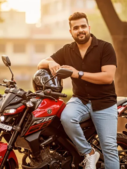 A more casual moment with a red sports bike. This captures the freedom and fun that is at the core of my music philosophy. Maza aa raha hai ki nahi?