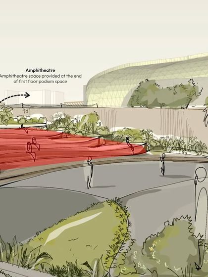 These are early concept sketches for the amphitheater and walkway at Cochin International Airport. The sketches explore the form of the tensile roof structure, inspired by Chinese fishing nets, and the layout of the backlit inscription wall.