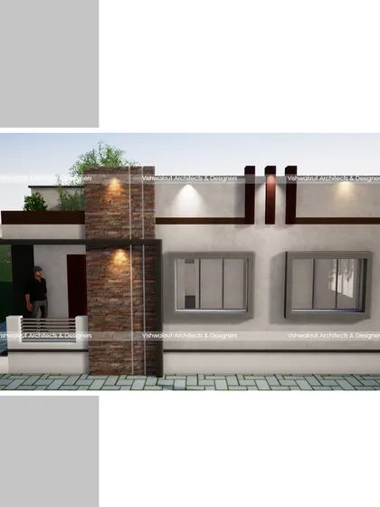 This is a completed single-story house we designed in Roha, Raigad. The design proves that even on a smaller scale, a mix of materials like stone cladding and simple plaster finishes can create an elegant and modern home exterior.