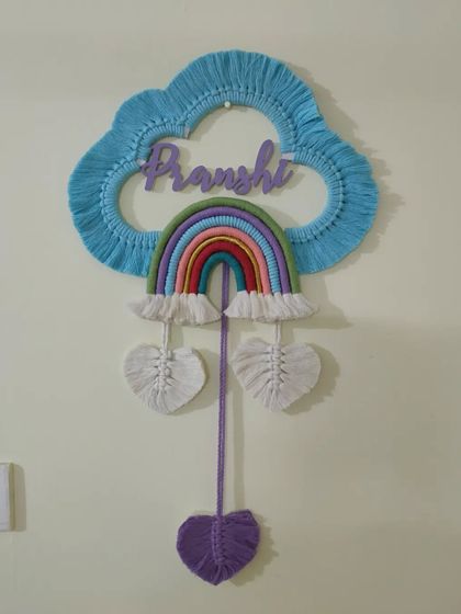 A full view of the 'Pranshi' macrame wall hanging, a beautiful and personal piece of handmade art.