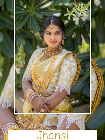 My beautiful and gorgeous client Jhansi, looking regal in her custom EENA couture. I designed a stunning white and gold blouse with intricate zardozi and pearl detailing to match her Kanchipuram saree.