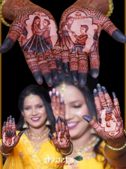 A happy engagement bride showing off her personalized mehendi. The design features portraits of her and her fiancé, and the dark stain shows the quality of my natural henna.