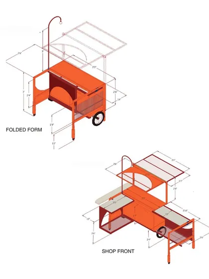 The design's core functionality is shown in its two primary states: a compact, folded form for easy mobility and storage, and an expanded shop-front form that maximizes display space for the vendor.