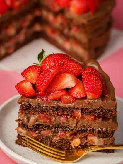 A perfect slice of my Milk Chocolate Strawberry Layer Cake. You can see the generous layers of chocolate ganache and fresh strawberries between the dark chocolate sponge.