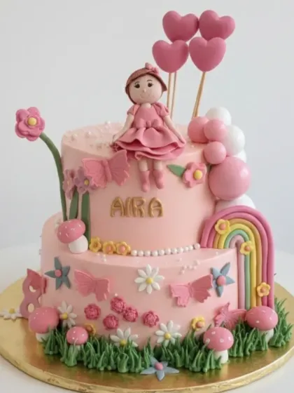 A gorgeous two-tier fairy garden cake. This eggless chocolate truffle cake is decorated with handmade fondant flowers, butterflies, a rainbow, and a sweet doll topper.