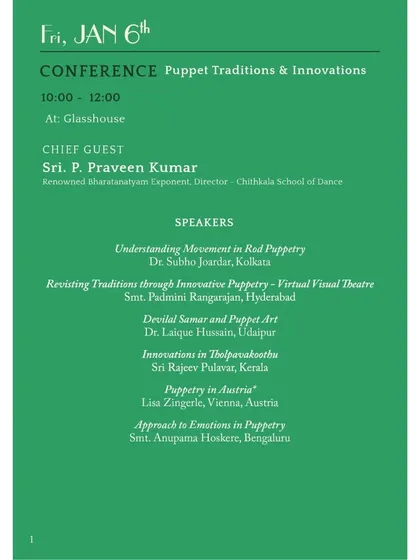 The schedule for the 'Puppet Traditions & Innovations' conference held during the Dhaatu International Puppet Festival, listing the esteemed speakers from India and abroad.