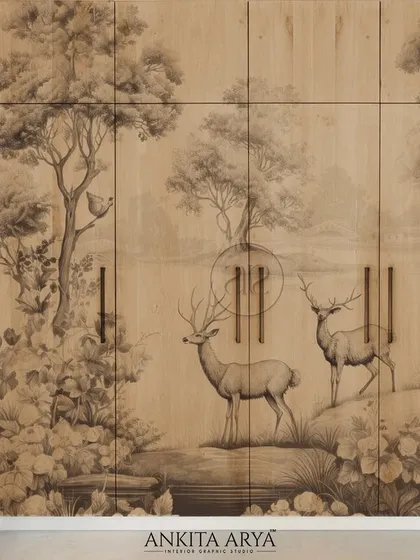 I believe a wardrobe shouldn't just store things; it should tell a story. This custom-printed veneer panel transforms a functional piece of furniture into a captivating wall mural, featuring a serene, hand-illustrated forest scene that brings a touch of nature's tranquility into the bedroom.