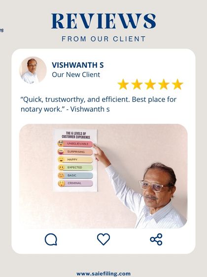 "Quick, trustworthy, and efficient. Best place for notary work." We appreciate these words from our new client, Vishwanth S. Our goal is to make all legal documentation processes, including notary services, completely seamless for you.