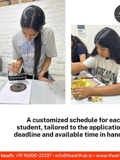 This collage shows students engaged in different art techniques, from printmaking to crafting. Each student's schedule is customized to their specific university application deadlines.