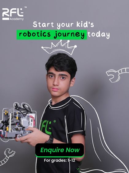 Start your kid's robotics journey today. This graphic is a direct call to action for parents to inquire about our courses for grades 1-12.