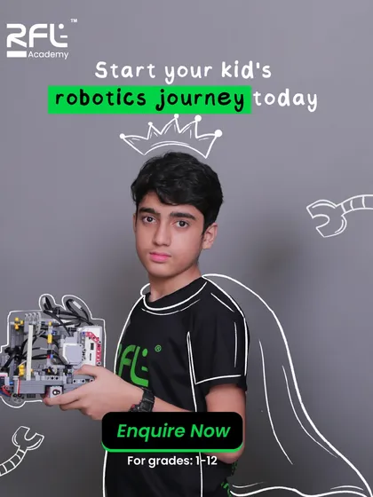 Start your kid's robotics journey today. This graphic is a direct call to action for parents to inquire about our courses for grades 1-12.