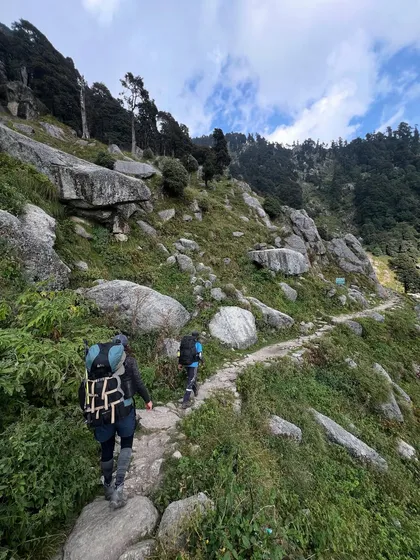 The trail to Triund is a rocky path that winds its way up the mountain. It's a steady climb that rewards you with better views at every turn.