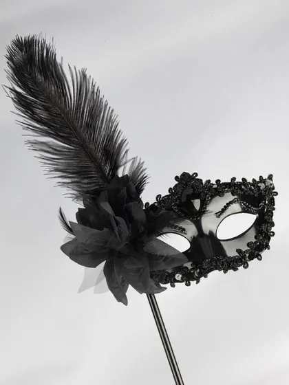 A detailed shot of the black feathered masquerade mask.