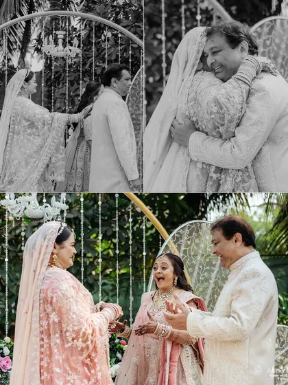 Some of the most powerful stories are told without words. This candid, black and white photograph captures the profound, emotional embrace between Vidhi and her father, a moment of pure love and pride we were honored to witness.