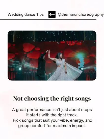 Wedding Dance Tip: A great performance starts with the right song. We help you pick tracks that suit your vibe, energy, and comfort level for maximum impact.