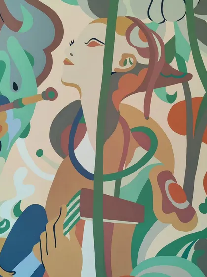 A close-up of a serene figure within the mural, showcasing the gentle and narrative quality of the artwork.