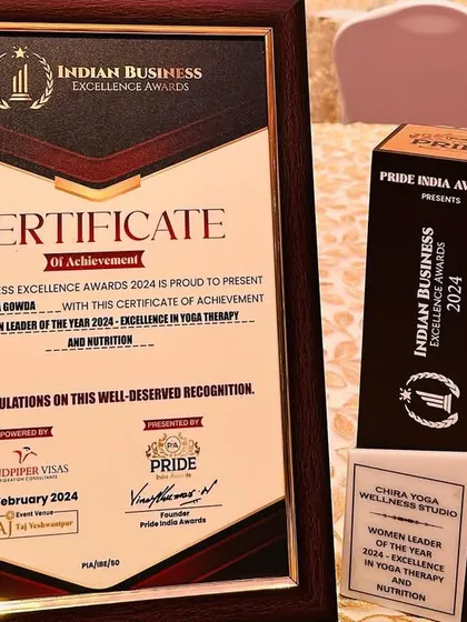This award for 'Excellence in Yoga Therapy and Nutrition' is more than a certificate; it represents my deep dedication to your well-being. It is a symbol of the trust my clients place in me and the life-changing power of holistic healing.