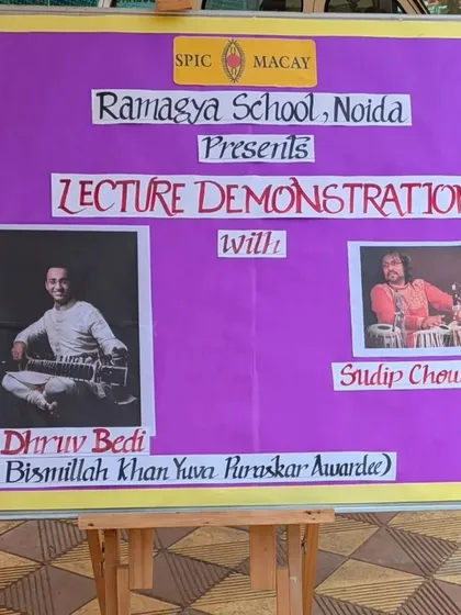 A handmade poster created by students for my lecture-demonstration at Ramagya School. These personal touches make each school visit a memorable experience.