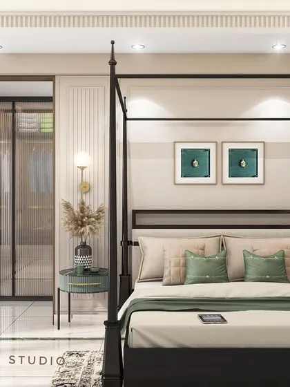 A proposed luxury bedroom design with a metal four-poster bed, elegant green accents, and a seamless connection to a walk-in closet.