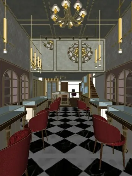 A duplicate image of the proposed jewellery store, offering a clear view down the main aisle.