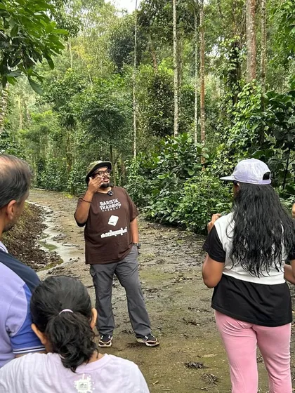 A duplicate of 222, showing our trainer explaining the importance of shade-grown coffee to a group of visitors on a coffee farm.