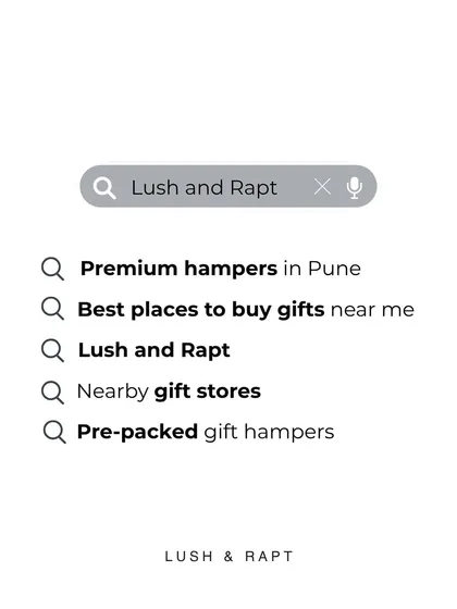 Searching for the perfect gift? This graphic mimics a search engine, showing that my brand is the answer for "Premium hampers" and "Best places to buy gifts near me."