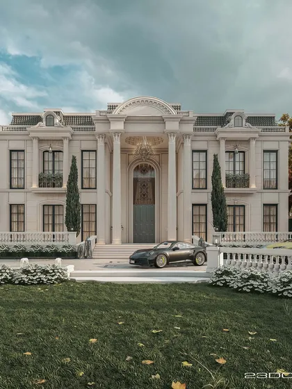 We envision and craft palatial estates that are a testament to timeless European classical design, reimagined for the present day. This render showcases the grandeur we bring to life, with Corinthian columns, an ivory-toned facade, and a scale that speaks of royalty and magnificence, all while being nestled in lush, manicured greenery.