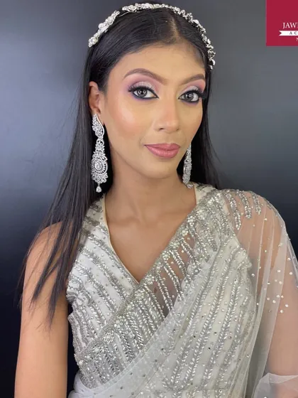 A direct portrait of the silver cut-crease look, perfect for receptions or cocktail parties.