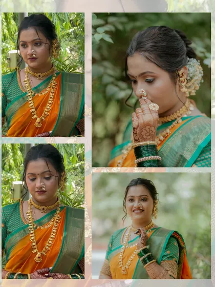 A collage capturing the many moods of a Marathi bride. From the delicate nath to the soft glam makeup, every detail comes together to create a timeless look.