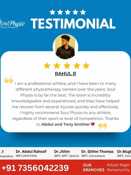 "Soul Physio is by far the best." A professional athlete highly recommends our center, praising our knowledgeable and experienced team for helping him recover from several injuries quickly and effectively.