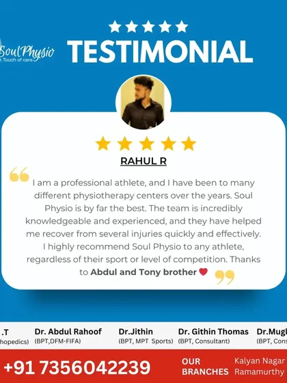 A testimonial from a professional athlete who calls Soul Physio "by far the best." He thanks the team for helping him recover from several injuries quickly and effectively.