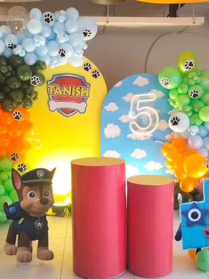 A vibrant Paw Patrol theme for a 5th birthday celebration. This setup includes custom arched backdrops, character cutouts of Chase and Ryder, and colorful balloon arrangements to bring the popular cartoon to life. I can customize the name and age for any theme.