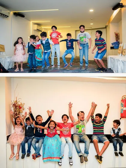 The boundless energy of children at a birthday party. We let kids be kids, capturing their jumps, cheers, and authentic expressions of fun.