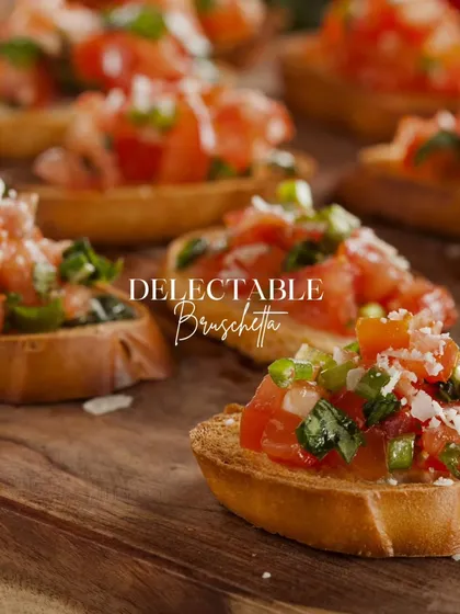 A classic Italian starter, my delectable bruschetta is topped with fresh, juicy tomatoes, fragrant basil, and a sprinkle of parmesan on a perfectly toasted slice of bread.