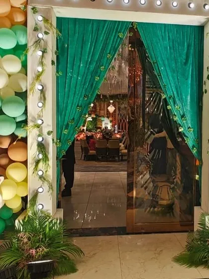 The whimsical, jungle-themed entrance to a wedding event at Trinity Banquet, Ghaziabad.
