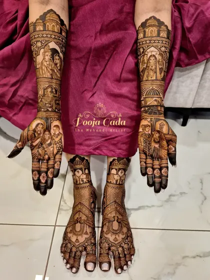 A complete bridal look is a masterpiece of tradition and personal storytelling. This full set for a dear friend features detailed figurative work on both the hands and feet, creating a cohesive and breathtaking story from head to toe.