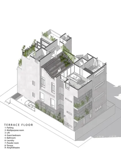 This axonometric drawing shows the terrace floor plan, which includes a guest bedroom, multipurpose room, and a shared rooftop amphitheater. This space is designed to bring the residents together and build a sense of community.