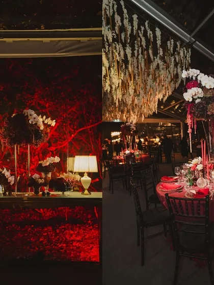 A collage showing the dramatic red lighting and opulent table settings of a glamorous cocktail party.