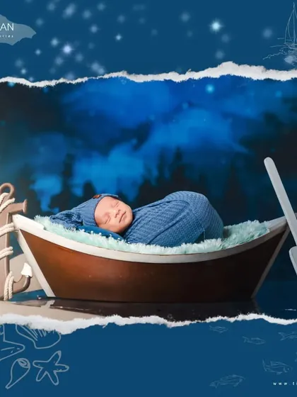 Set sail on a dreamy adventure with our tiny sailor theme. This creative composition shows a newborn captain sleeping soundly in a miniature boat, ready to navigate the beautiful journey of life.