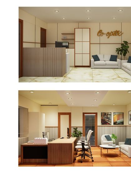 Interior design proposals for the Co-optex corporate office. This image shows the reception and CGM's room, where we used a classic, formal aesthetic with subtle nods to handloom textiles through pleated wall panels.