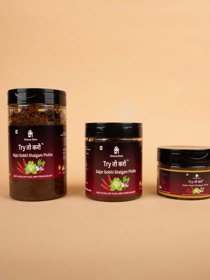 Three sizes of the Gajar Gobhi Shalgam Pickle, shot against a neutral background.