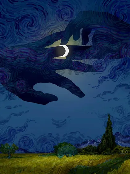A piece about the power of imagination. I depict giant, gentle hands cradling the moon in a starry night sky, a visual for my letter from Vincent about seeing the world with a child's wonder instead of cold logic.