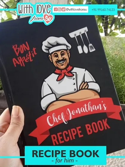 This is my custom recipe book designed for him, featuring a fun male chef caricature. It's a wonderful personalized gift for the man in your life who loves to cook.