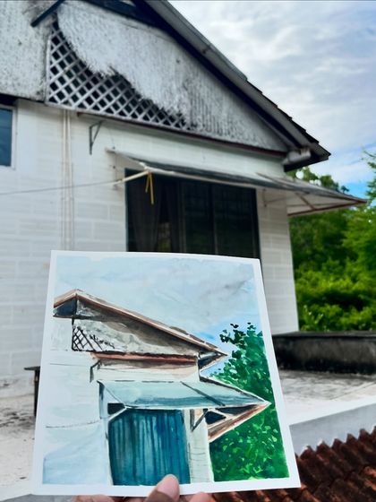A plein air painting I did in Auroville. I was drawn to the rustic charm and interesting angles of this building's roof.