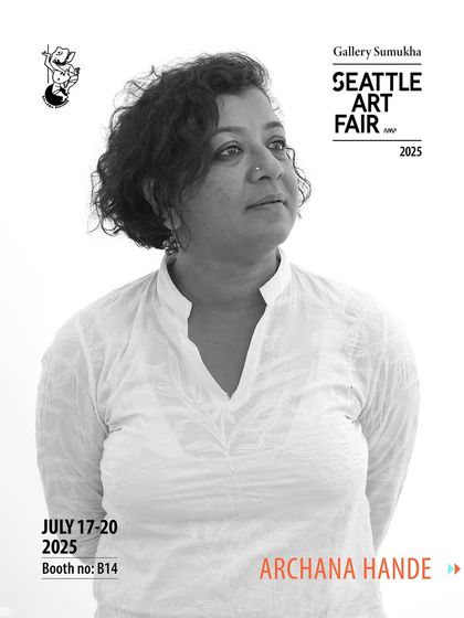 The artist announcement for Archana Hande for the Seattle Art Fair. Her work navigates the politics of borders and identity through a whimsical visual language.