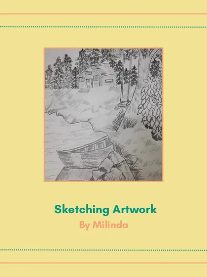 A detailed landscape sketch by Milinda, showing great use of line work to create texture in the trees, water, and building.