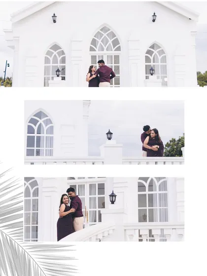 This collage showcases different angles from Felix and Sharon's pre-wedding shoot at a stunning white architectural location, creating a clean and elegant look.