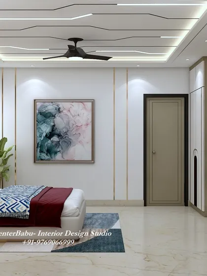 Another view of the bedroom, showing the abstract painting and the clean lines of the furniture. The design is modern, artistic, and sophisticated.