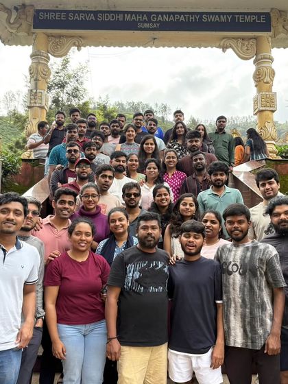 Our group at the entrance of the Shree Sarva Siddhi Maha Ganapathy Swamy Temple, a common stop on some of our treks.